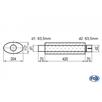 Silencieux universel type 525 en inox / 204x117mm / d1 Ø63.5mm / longueur 420mm