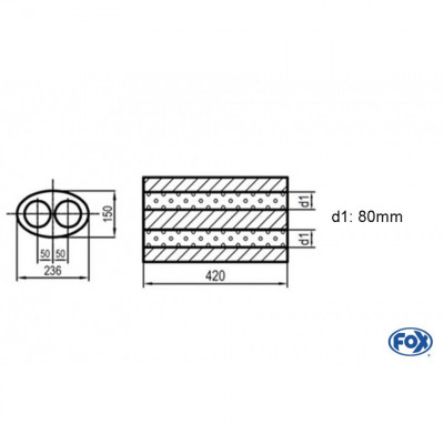 Silencieux universel type 618 en inox / 236x150mm / d1 Ø80mm / longueur 420mm