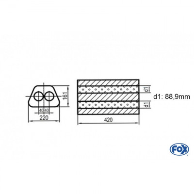 Silencieux universel type 644 en inox / 220x161mm / d1 Ø88.9mm/ longueur 420mm