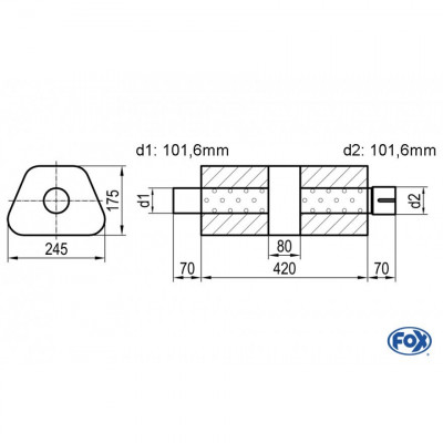 Silencieux universel type 711 en inox / 245x175mm / d1 Ø101.6mm/ d2 Ø101.6mm/ longueur 420mm