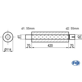 Silencieux universel type 355 en inox / Ø114mm / d1 Ø55mm / longueur 420mm